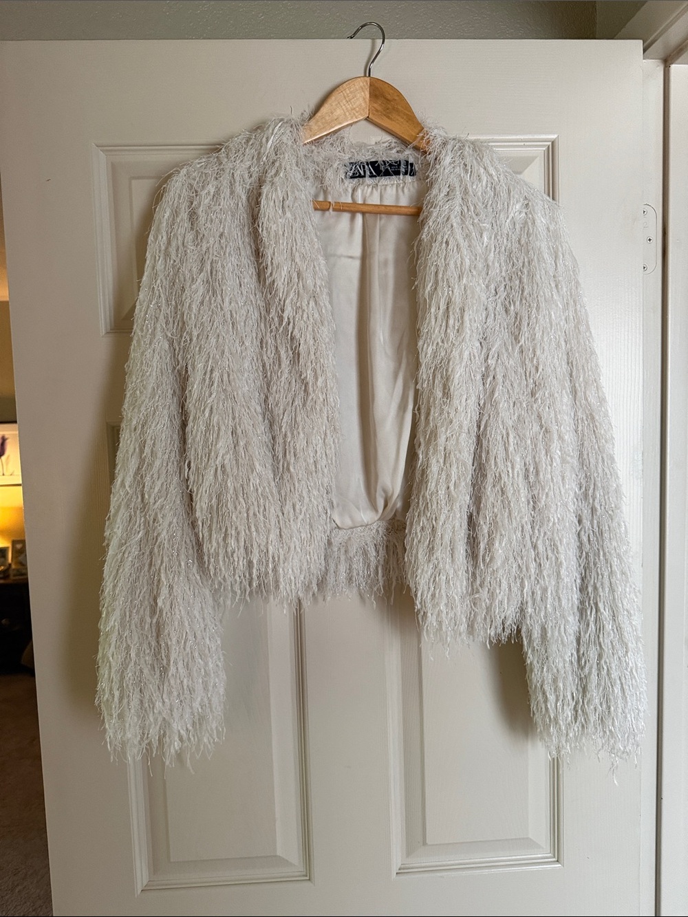 Zara Ivory Shaggy Faux-Fur Cropped Jacket